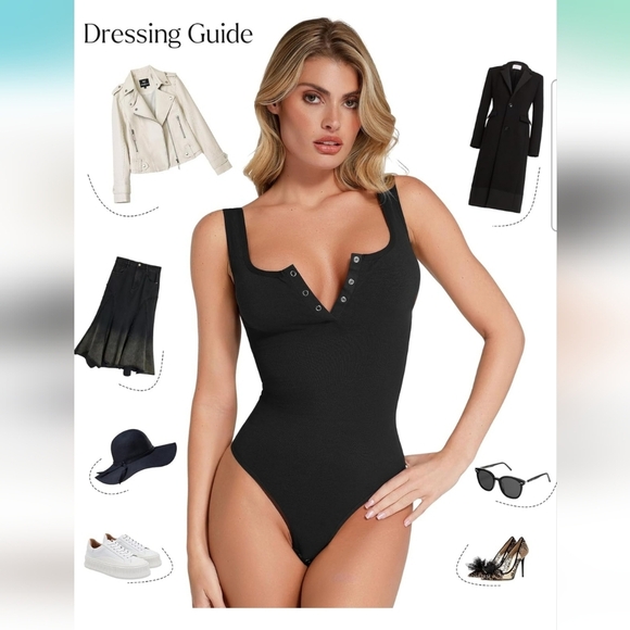 Popilush Black Button Down Sleeveless Tummy Control Tank Top Bodysuit Size 5XL - Picture 4 of 12